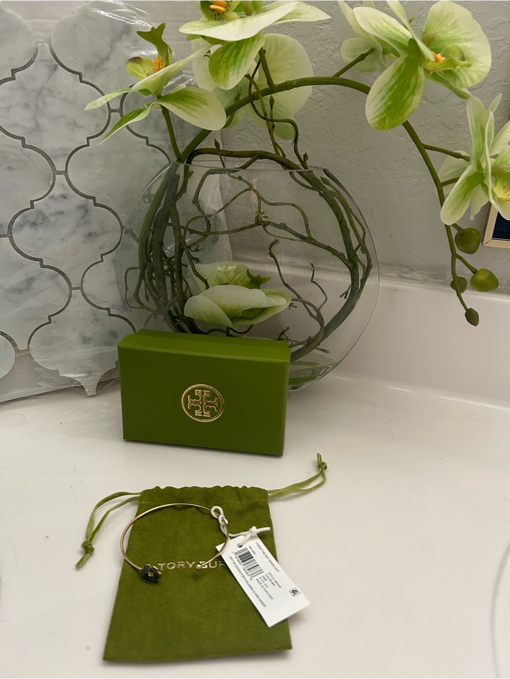 Tory Burch Olive Green Bracelet with Logo Charm